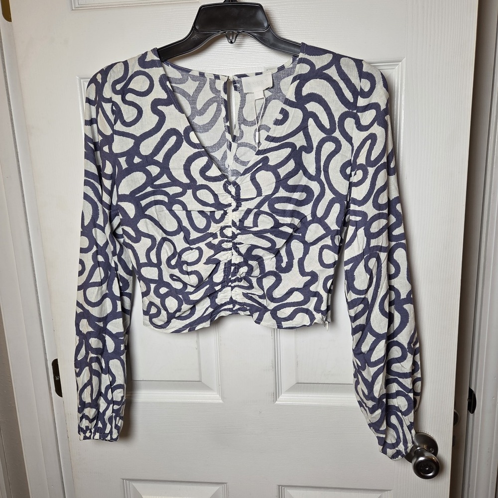 Every brand sz S cropped long slv linen/rayon top NWT abstract print casual